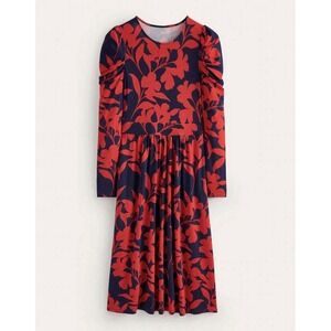 Boden Midi Dress Size 10 Puff Sleeve Red Navy Floral Long Sleeve Knit Holiday